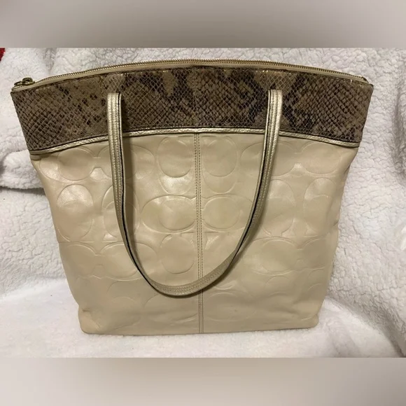 Coach Beige and Gold Tote Bag with Snake Skin Trim - Picture 3 of 7